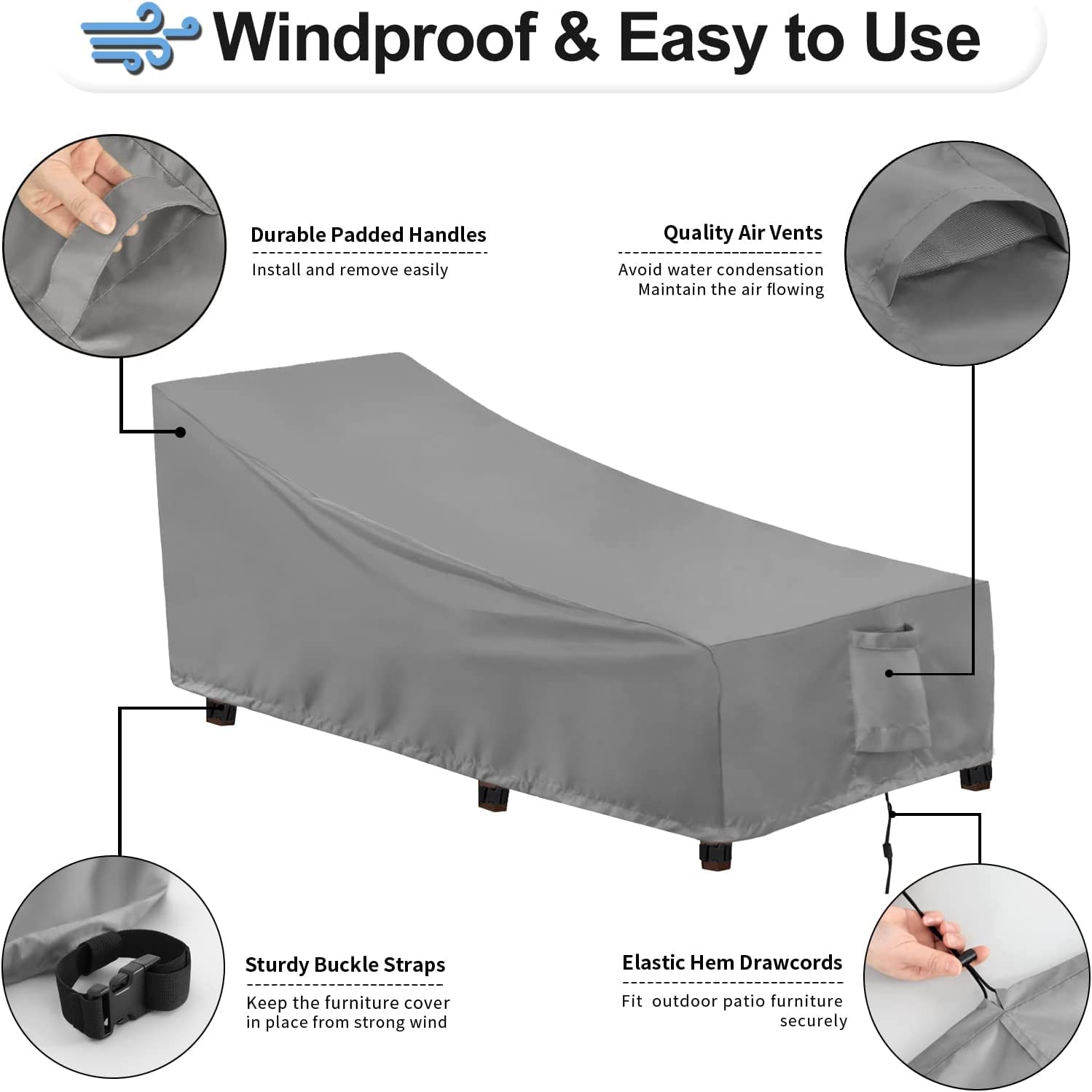 Outdoorlines Outdoor Waterproof Patio Chaise Lounge Chair Cover - Uv Resistant Lounger Covers Heavy Duty Weatherproof Patio Sofa Furniture Covers, 1 Pack, 68Wx30Dx30H Inches, Gray
