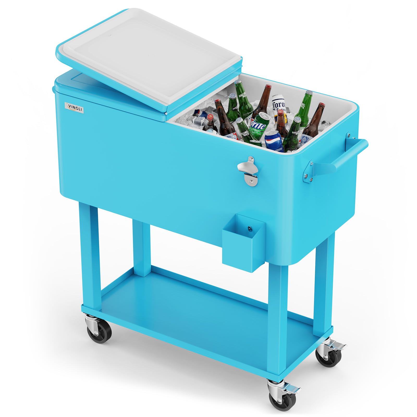 Vingli 80 Quart Rolling Cart On Wheels, Portable Bar Drink Cooler, Beverage For Patio Pool Party, Ice Chest With Shelf,Bottle Op