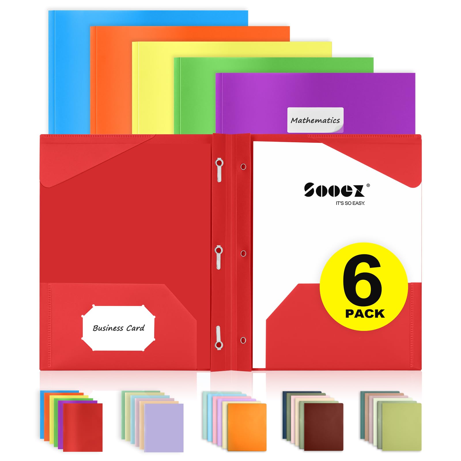 Sooez 6 Pack Pocket Folder With Prongs, Heavy Duty Plastic Folders With Pockets And Prongs, Two Pocket File Folders 3 Prong Fold