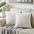 Fancy Homi 22X22 Pillow Covers, Pack Of 2 Cream White Throw Pillow Covers With Pom-Poms, Super Soft Corduroy Square Solid Cushio