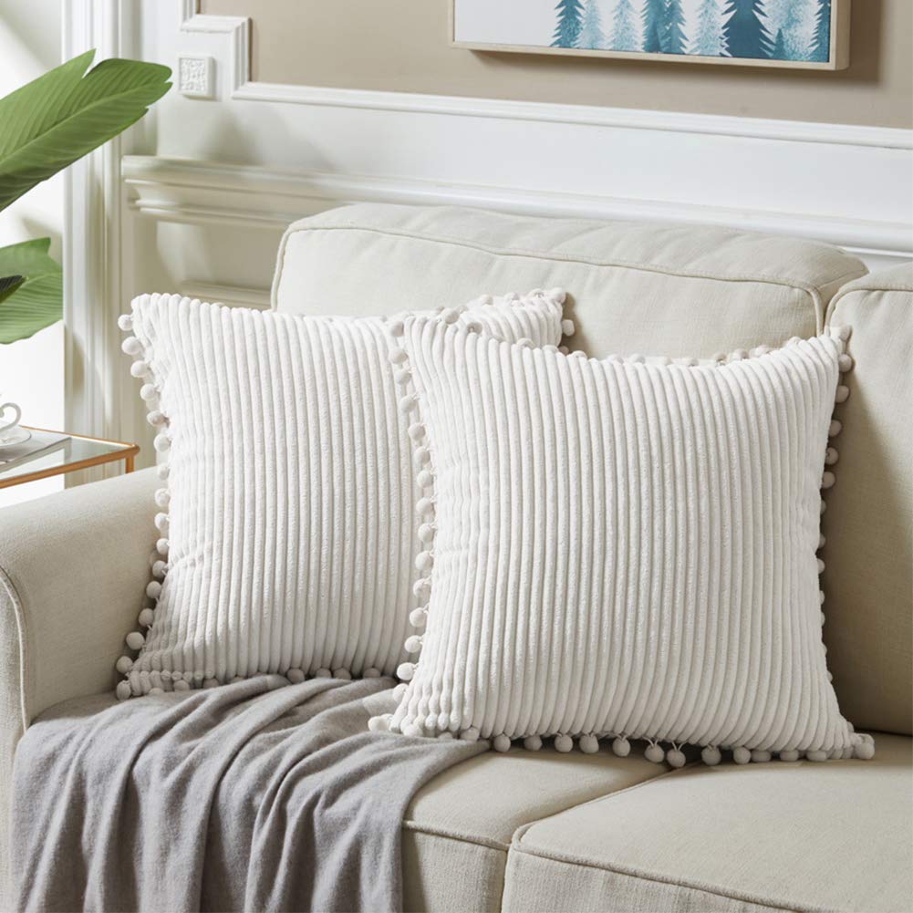 Fancy Homi 22X22 Pillow Covers, Pack Of 2 Cream White Throw Pillow Covers With Pom-Poms, Super Soft Corduroy Square Solid Cushio