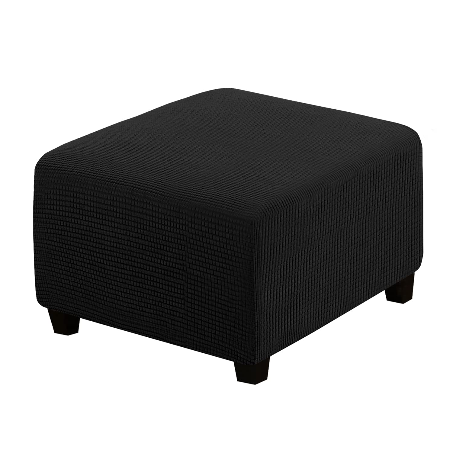 H.Versailtex Square Ottoman Covers Ottoman Slipcovers Folding Storage Stool Furniture Protector Form Fit With Elastic Bottom, Stretch High Spandex Small Checks Jacquard Fabric(Medium,Black)