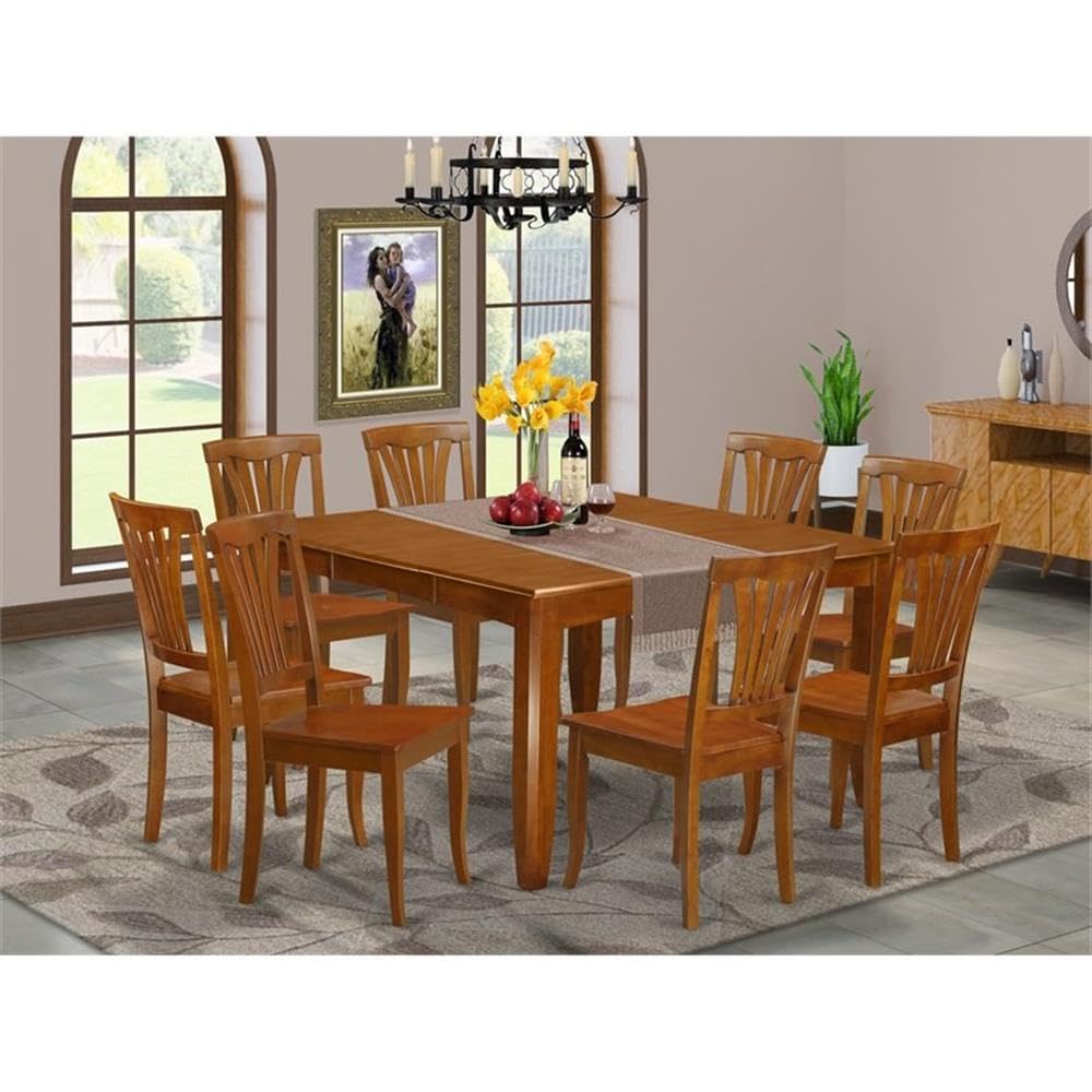 East West Furniture PFAV9-SBR-W 9 Piece Kitchen Table & Chairs Set Includes a Square Dining Table with Butterfly Leaf and 8 Dining Room Chairs, 54x54 Inch, Saddle Brown