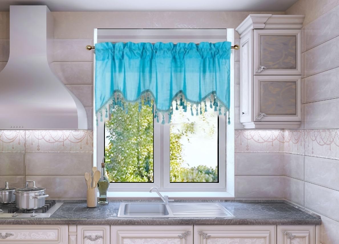 Solid Faux Silk Swag Waterfall Cascade Ascot Window Curtain Valance W/Tassels Trim 55' X18' Wave (1, Turquoise Blue)