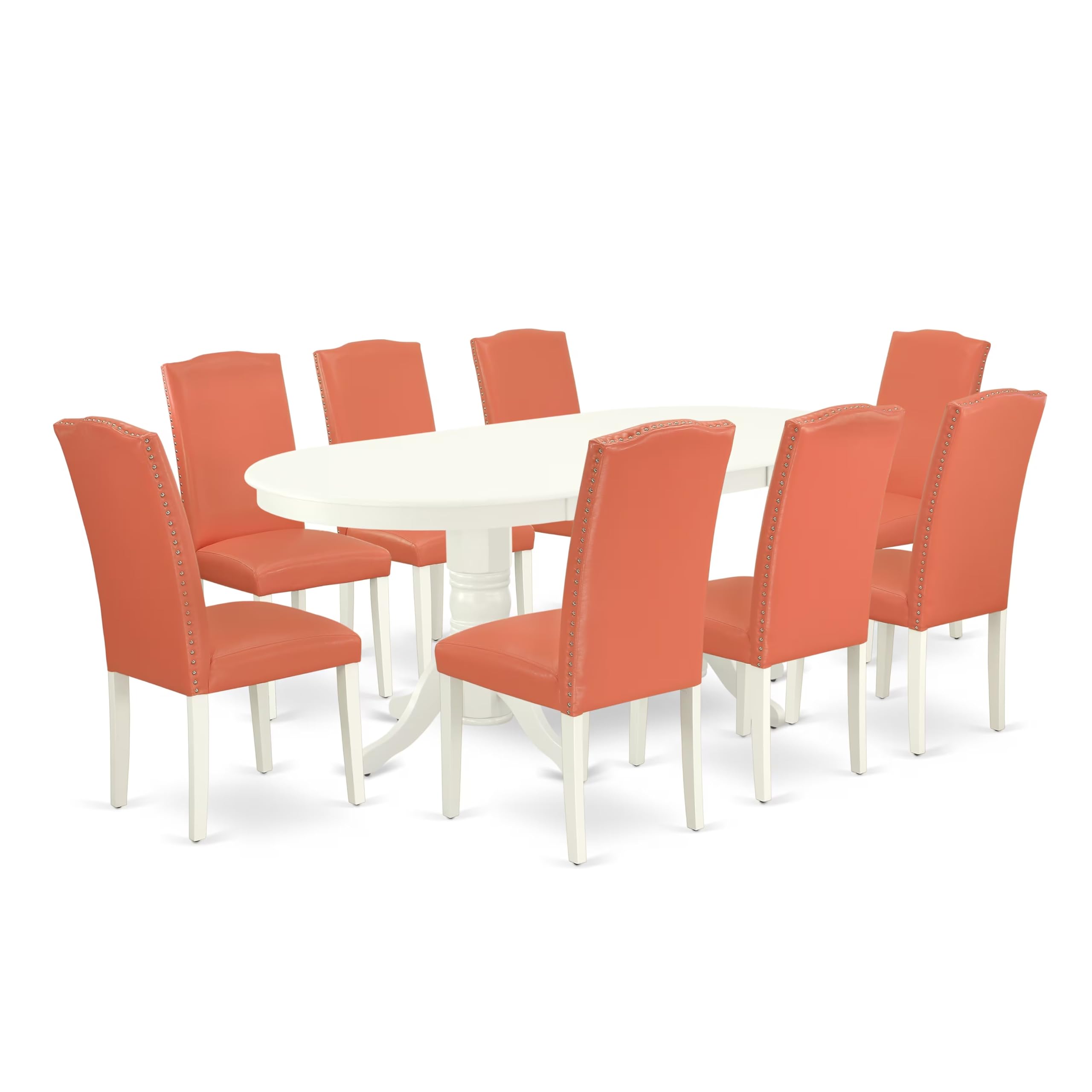 East West Furniture Vaen9-Lwh-78 9 Piece Dining Set Includes An Oval Dining Room Table With Butterfly Leaf And 8 Pink Flamingo Faux Leather Upholstered Chairs, 40X76 Inch, Linen White