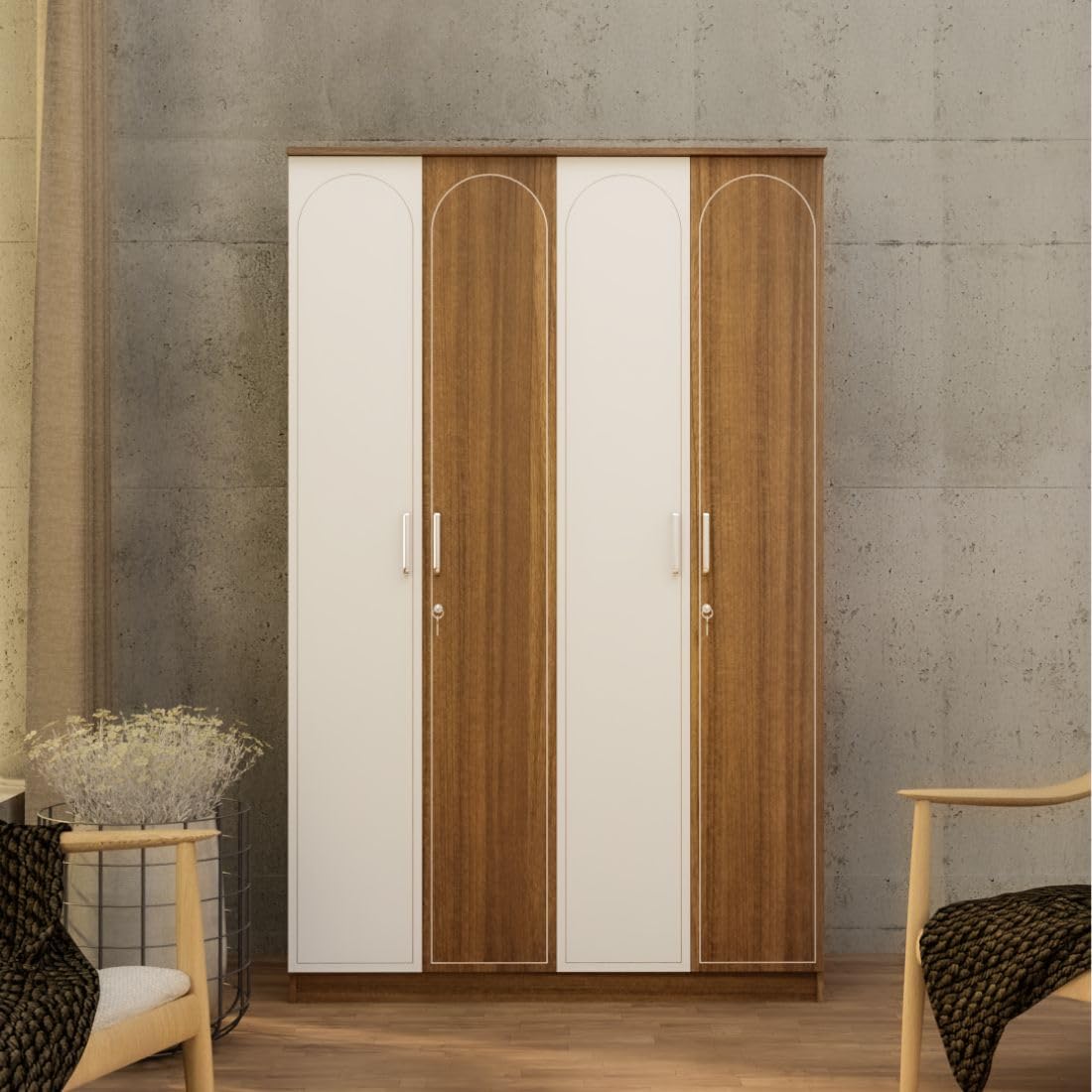 Neuspace Tetra Engineered Wood 4Door Wardrobe (Leon Teak Arch, 4 Door)
