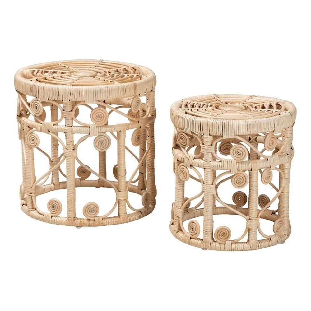 Baxton Studio Bowie Modern Bohemian Natural Brown Rattan 2-Piece Nesting End Table Set Natural Brown/Natural Rattan