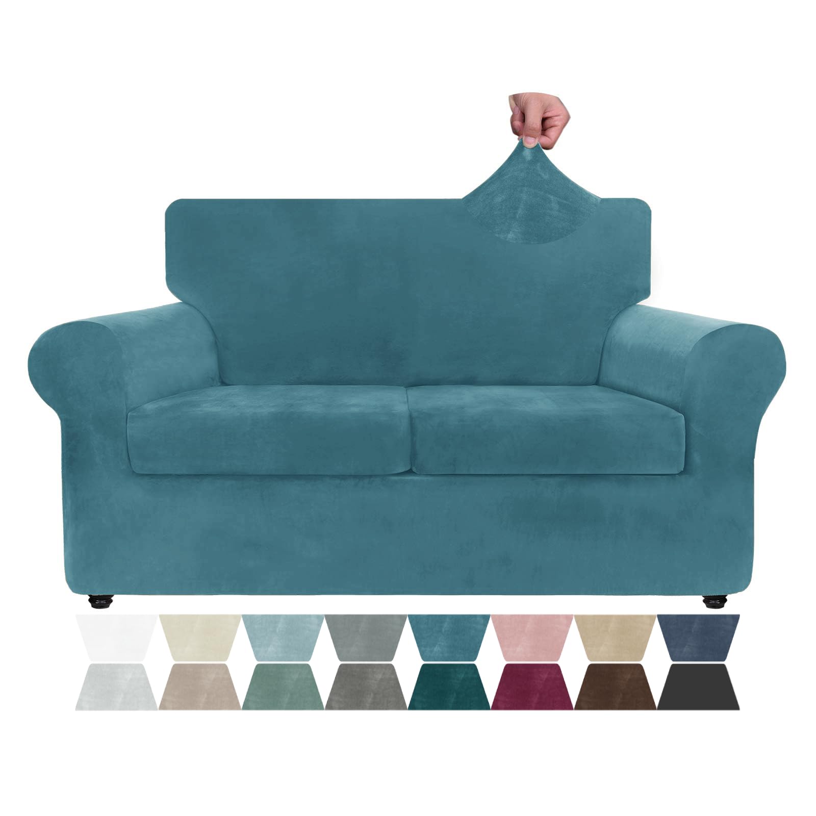 Znsayotx Luxury Velvet Couch Cover 3 Piece Stretch Sofa Covers For 2 Cushion Couch Soft Loveseat Slipcover Living Room Anti Slip Dogs Love Seat Furniture Protector (Peacock Blue), 55'-69'(2 Cushions)