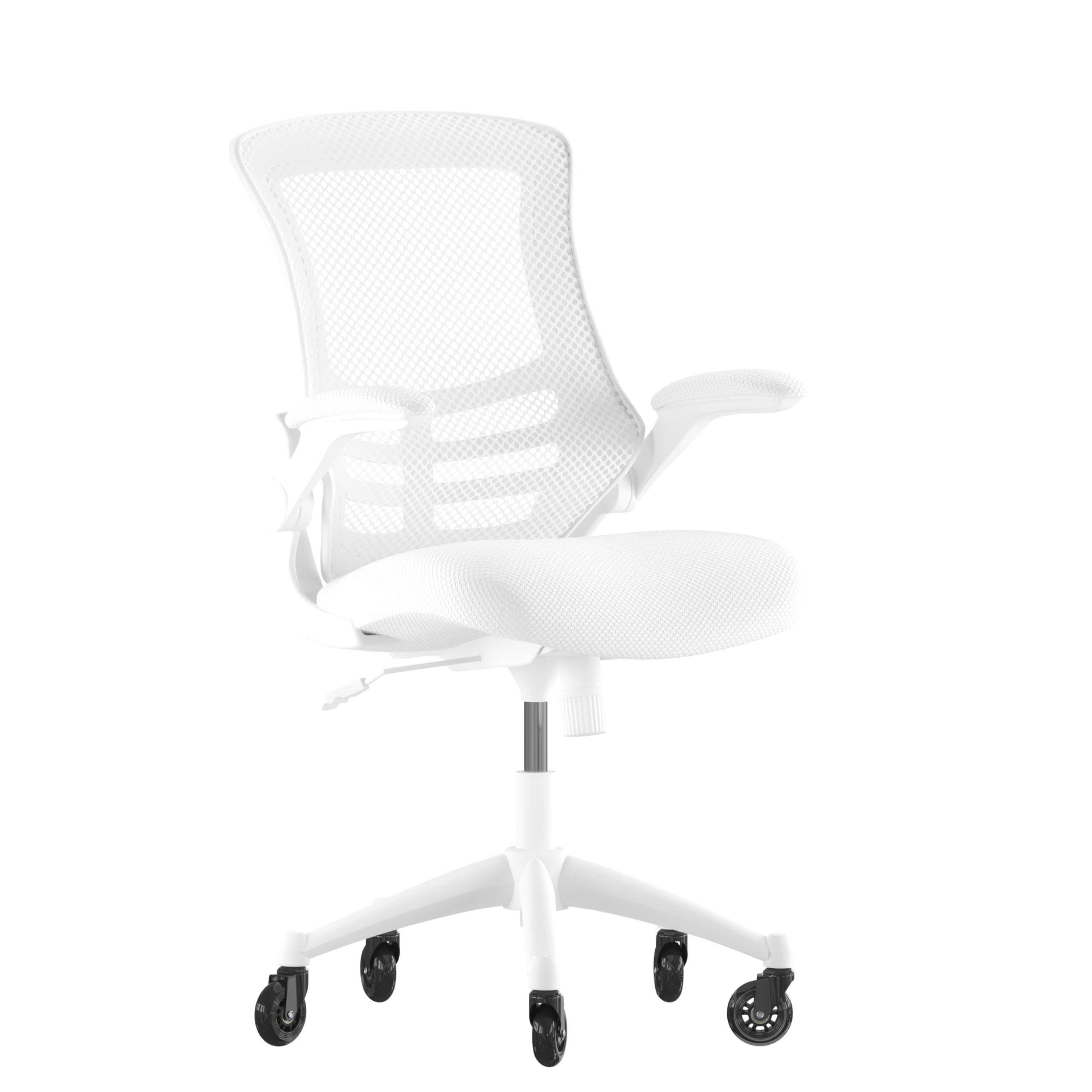 Flash Furniture Kelista Mid-Back White Mesh Swivel Ergonomic Task Office Chair With White Frame, Flip-Up Arms, And Transparent Roller Wheels