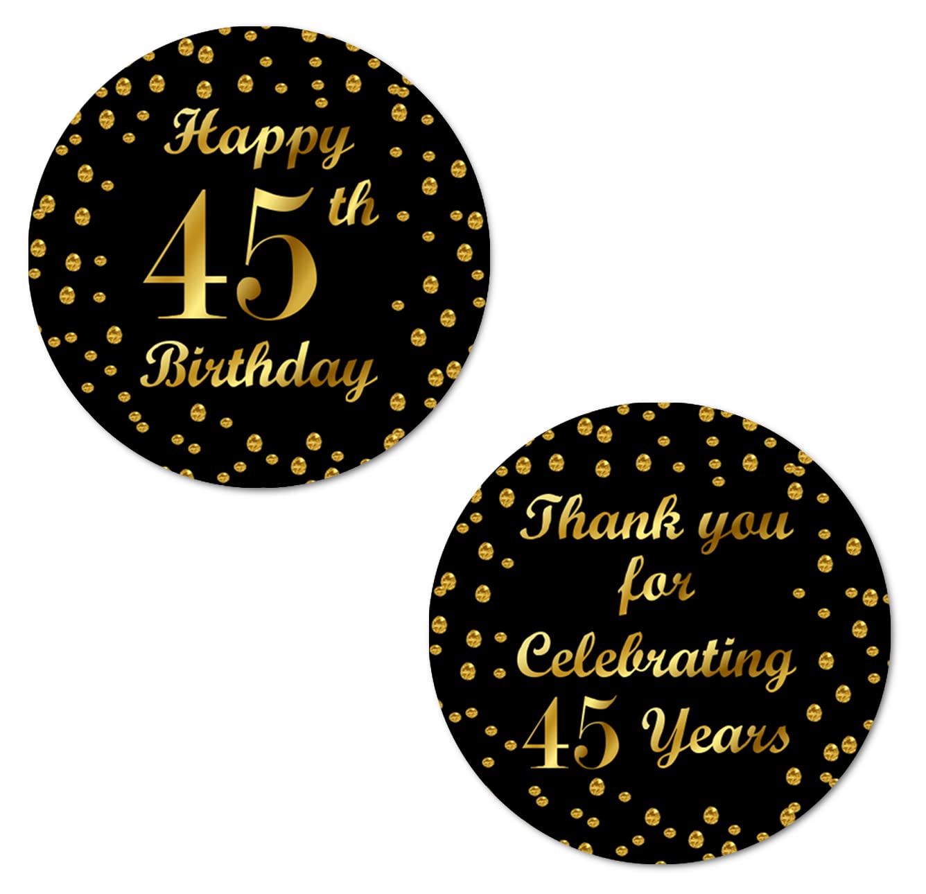 45Th Birthday Round 2 Inch Big Glossy Stickers, Thank You For Celebrating 45 Years Black And Gold Labels, Great For Party Favors