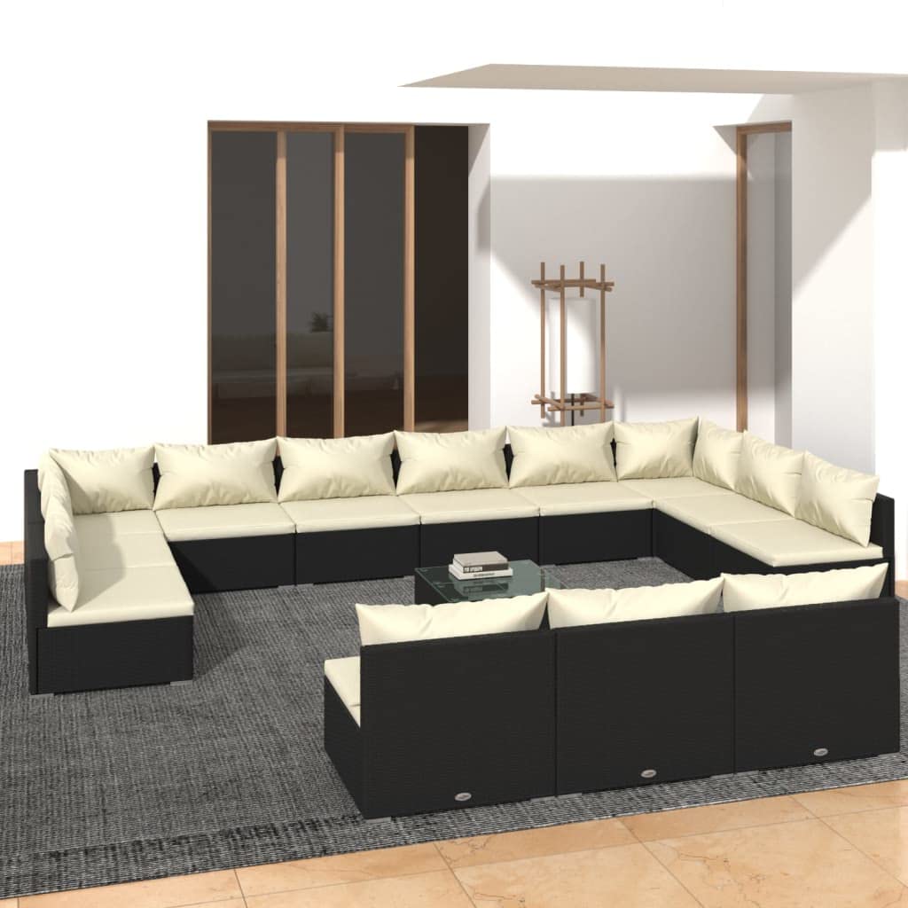 vidaXL 14 Piece Patio Lounge Set with Cushions - Black Poly Rattan Garden Sofa Set with Comfortable Seat and Back Cushions, Modular Outdoor Furniture with Easy-to-Clean Design