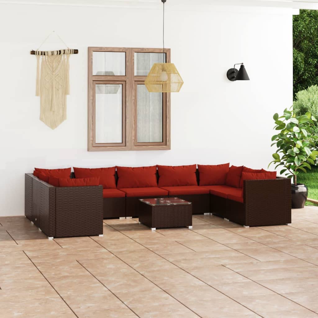 vidaXL Outdoor Patio Lounge Set in Brown Poly Rattan - 10 Piece Set with Cushions - Modular Design for Customized Arrangement - Sturdy Powder-Coated Steel Frame