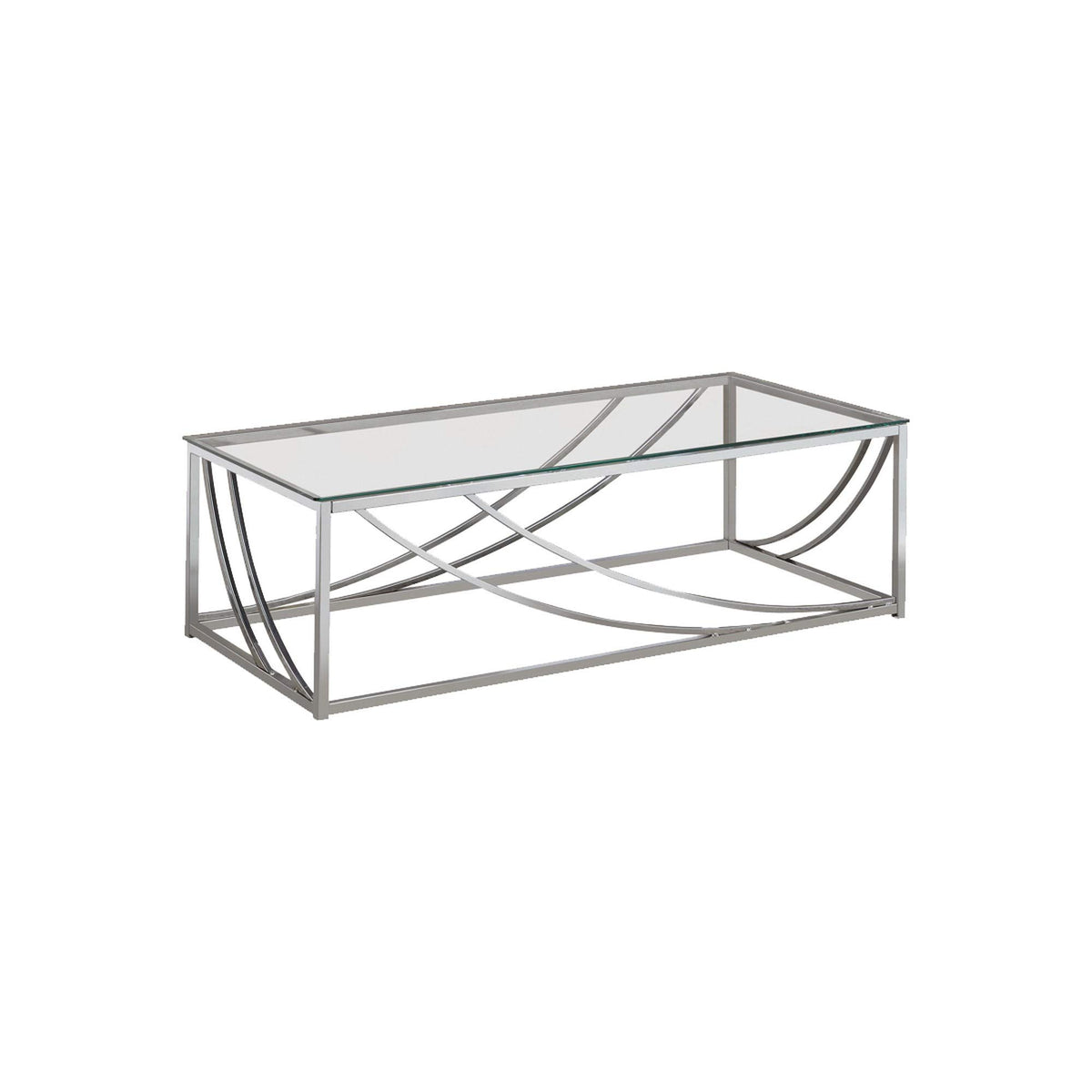 Benjara Tempered Glass Top Coffee Table With Metal Tubular Legs, Chrome And Clear
