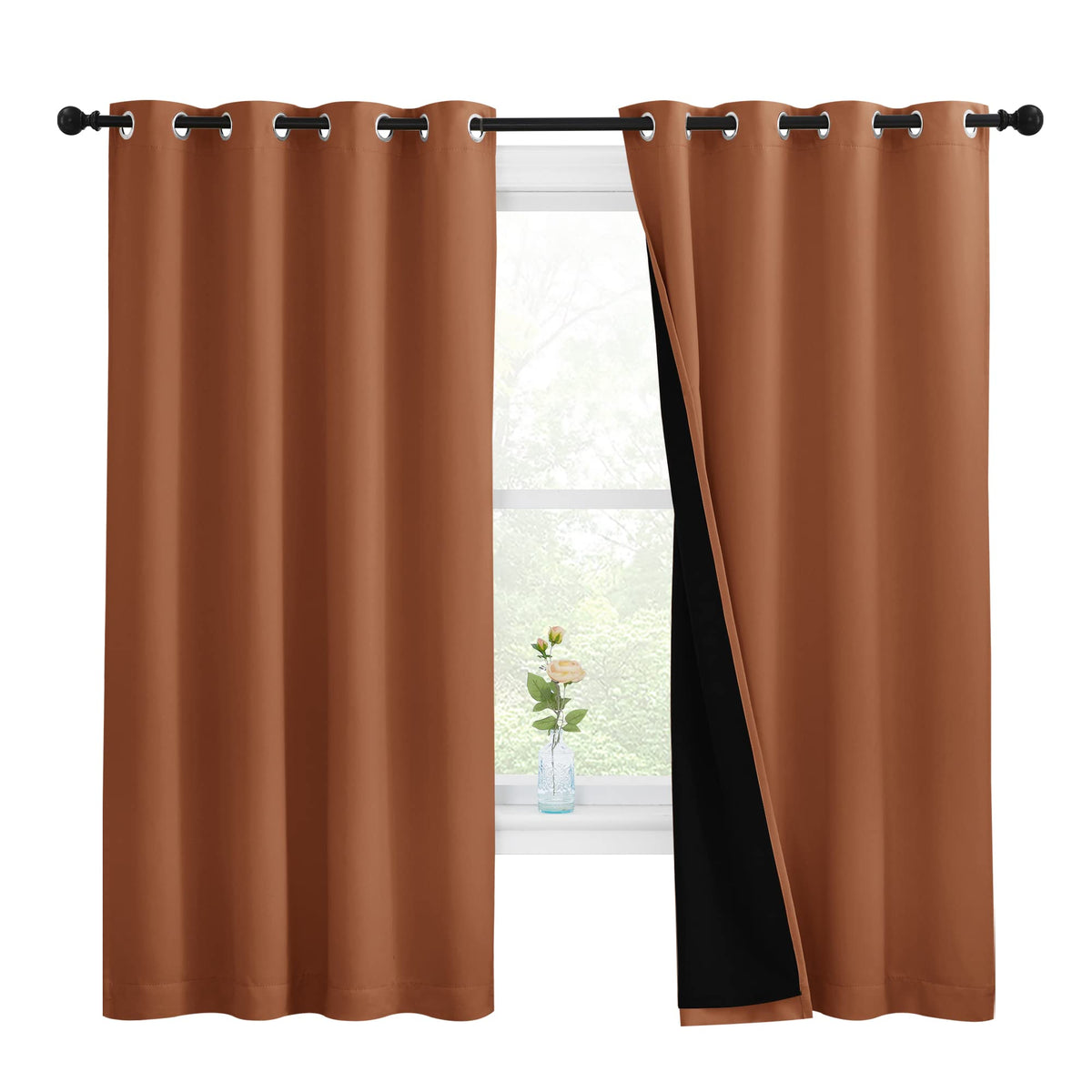 Nicetown Burnt Orange 100% Blackout Lined Curtains, 2 Thick Layers Completely Blackout Window Treatment Thermal Insulated Drapes