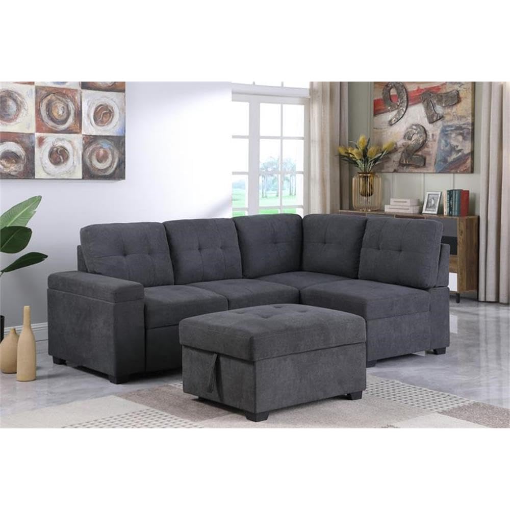 Lilola Home Sadie Dark Gray Woven Fabric Sleeper Sectional Sofa with Storage Ottoman, Storage Arm