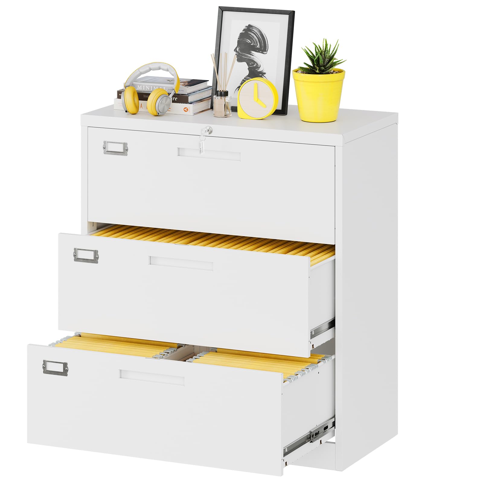 Fesbos Lateral File Cabinet with Lock, 3 Drawer Large Metal Filing Cabinet,Home Office Lockable Storage Cabinet for Hanging File