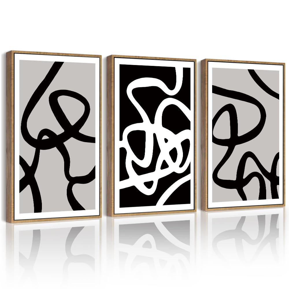 PHOPAGO Black and White Lines Abstract Wall Art Ink Wash Minimalist Framed Canvas Painting Artwork 11x14in Natural Framed