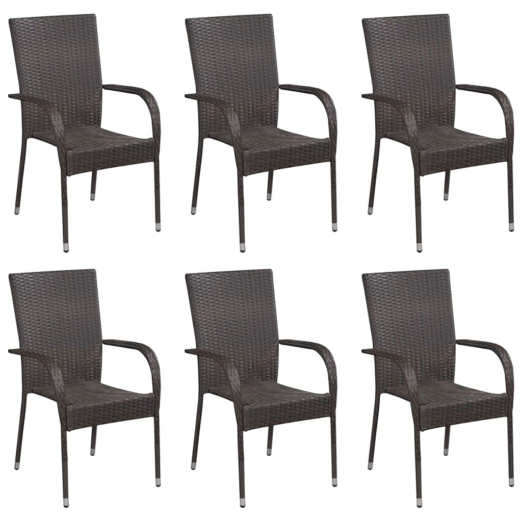 vidaXL Stackable Dining Chairs 6-Piece Set, Water-Resistant PE Rattan Construction, Lightweight and Space-Saving Design, Perfect for Patio, Garden, and Terrace Use | Brown