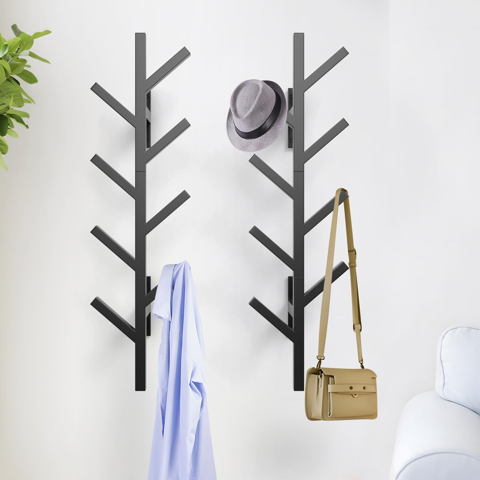 SNOGSWOG Vertical Coat Rack & Hat Rack Set of 2, Wall Mounted 39 Inch Floating Coat Rack for Entryway, Living Room, Bedroom, Bla