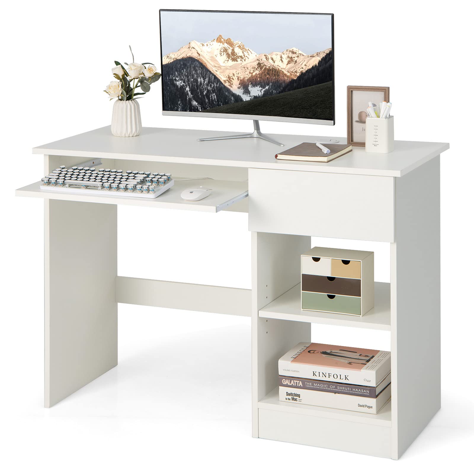 Tangkula White Desk With Drawer, Wooden Computer Desk With Pull-Out Keyboard Tray & Adjustable Storage Shelves, Modern Laptop Pc Desk With Cpu Stand, Writing Study Desk For Bedroom (White)