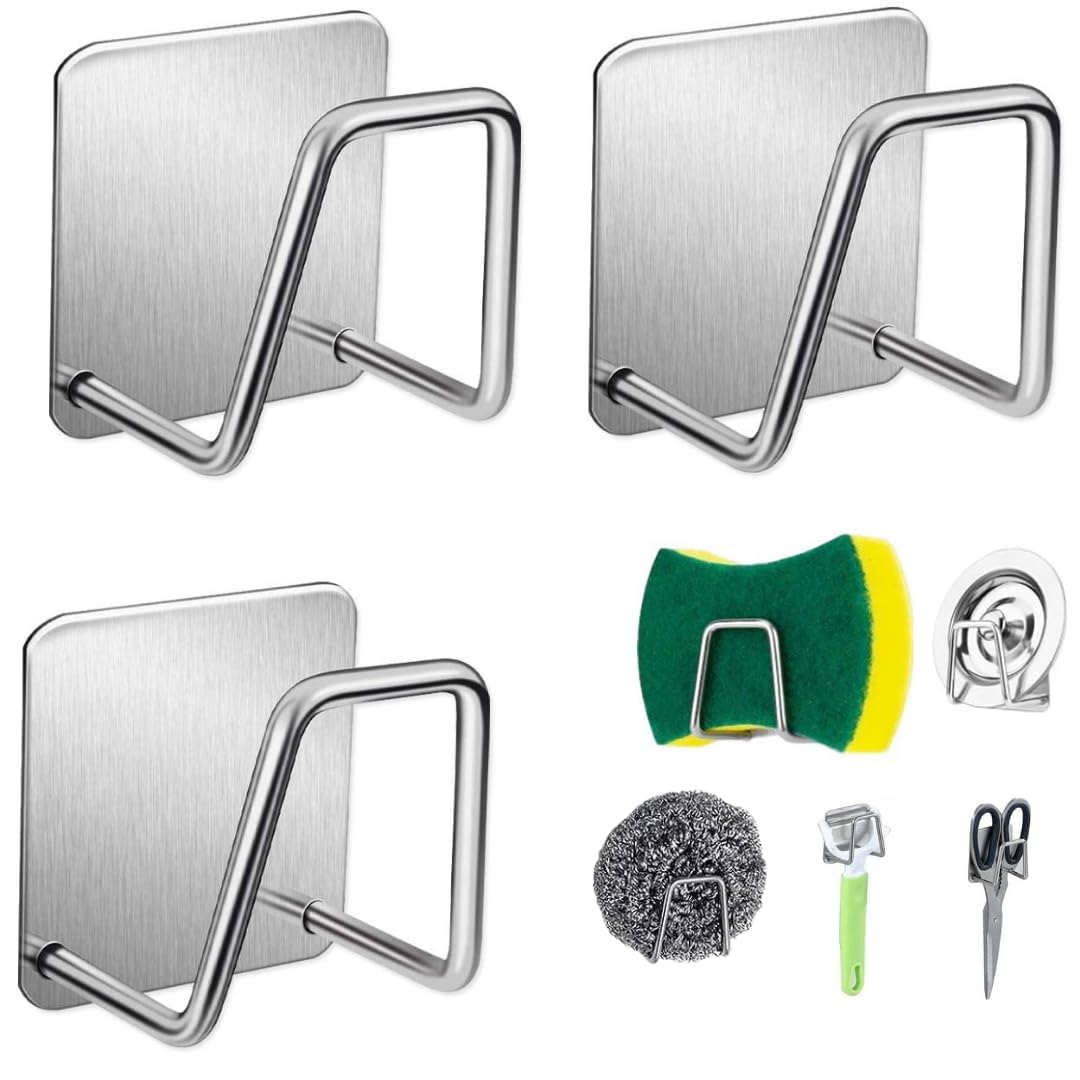 NORIQ Sponge Holder for Kitchen Sink, Strong Adhesive, Silver Stainless Steel, Rustproof, Waterproof, Holds Up to 8 lbs, Kitchen