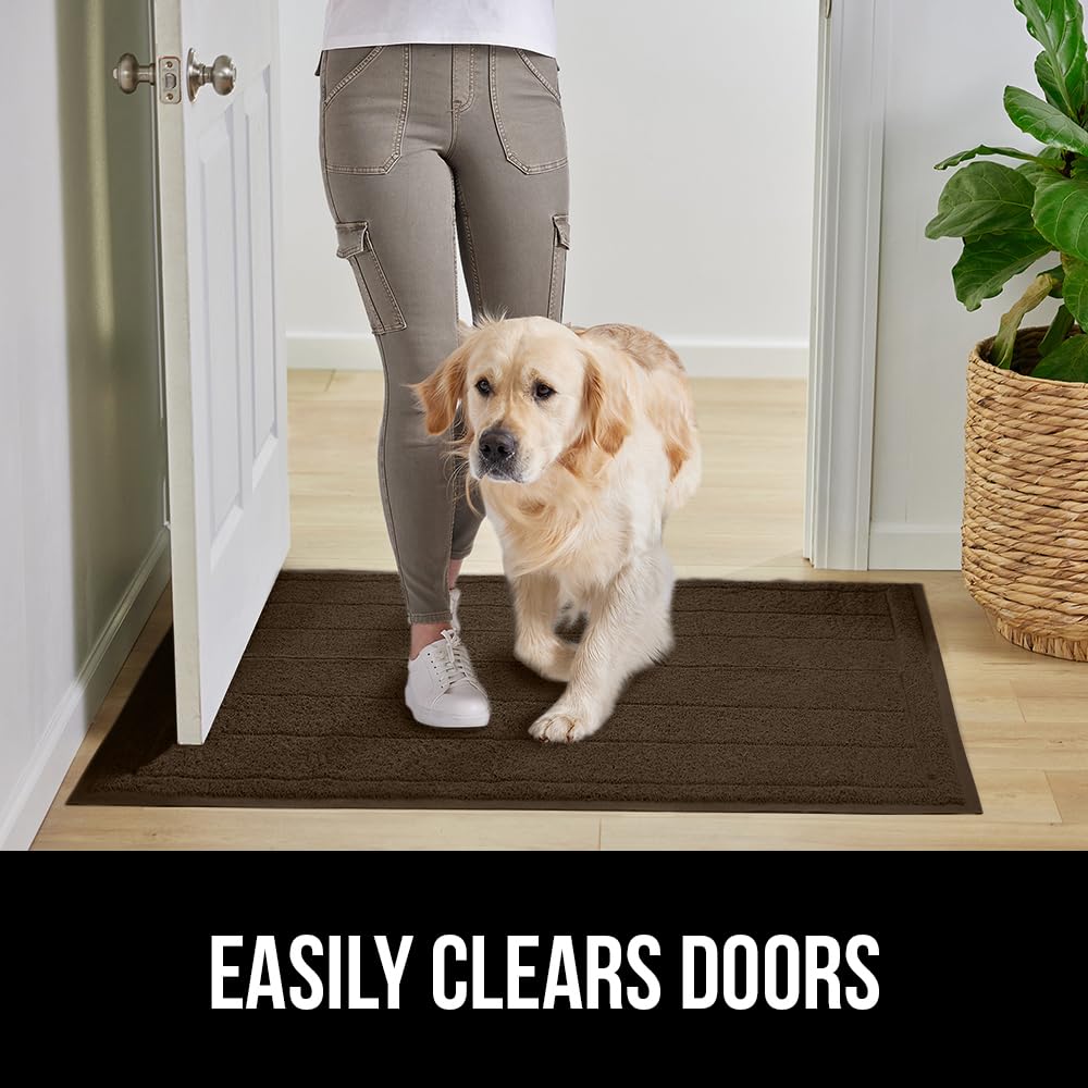 Gorilla Grip Dirt Grabber Mesh Door Mat, Low-Profile, Stain And Fade Resistant Heavy Duty Quick Dry Striped Doormat, Mats For Indoor Or Outdoor Entry, Shoe Scraper, Garage Entrance Mat, 35X23, Brown