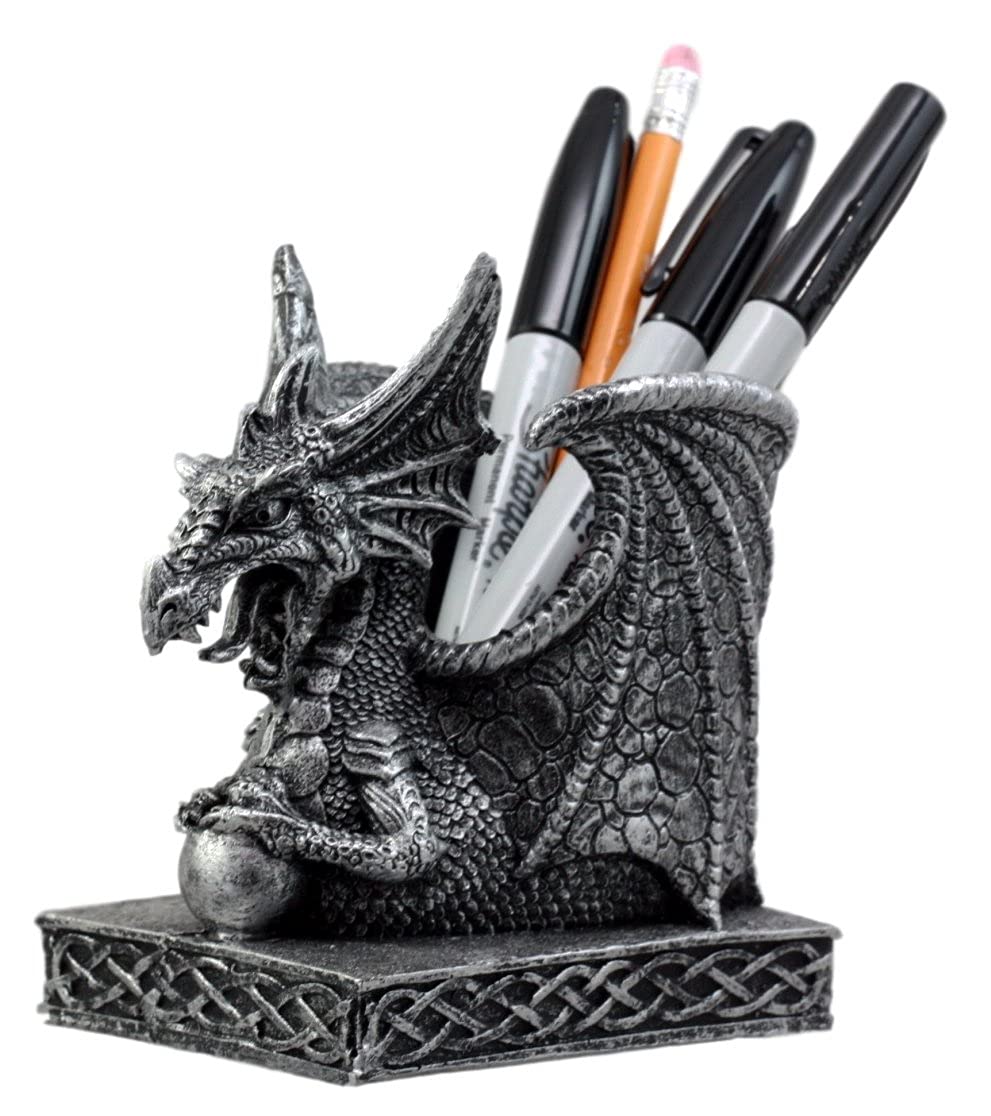 Ebros Gift Shenlong Spirit Dragon Orb Stationery Holder Figurine 4.75' H Office Desktop Accessory Pen Organizer