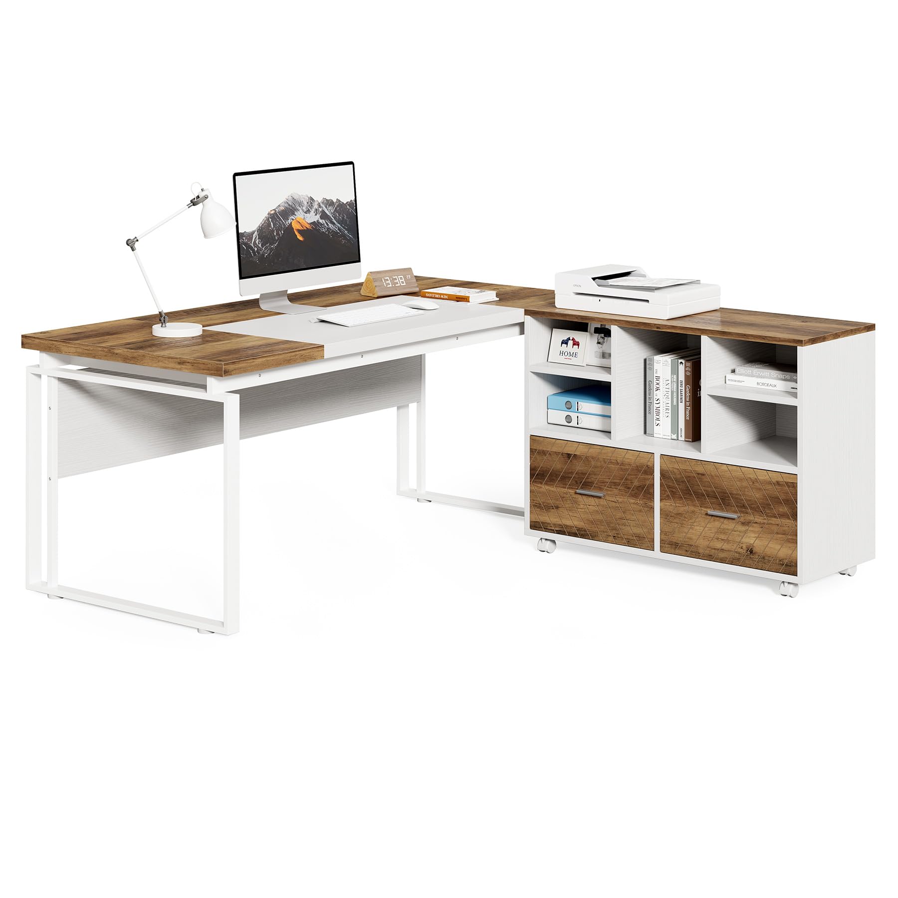 LITTLE TREE 63 L-Shaped Executive Office Desk with Reversible File Cabinet, Large Modern Office Desk for Home Office, 2-Drawer W