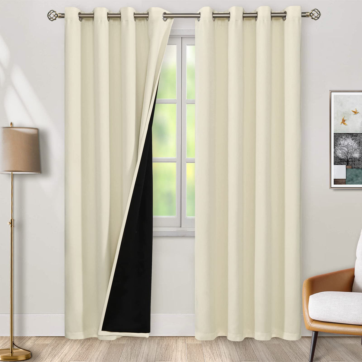 Bgment Cream 100% Blackout Curtains For Living Room 90 Inch Length 2 Panels, Thermal Insulated Full Light Blocking Grommet Sound