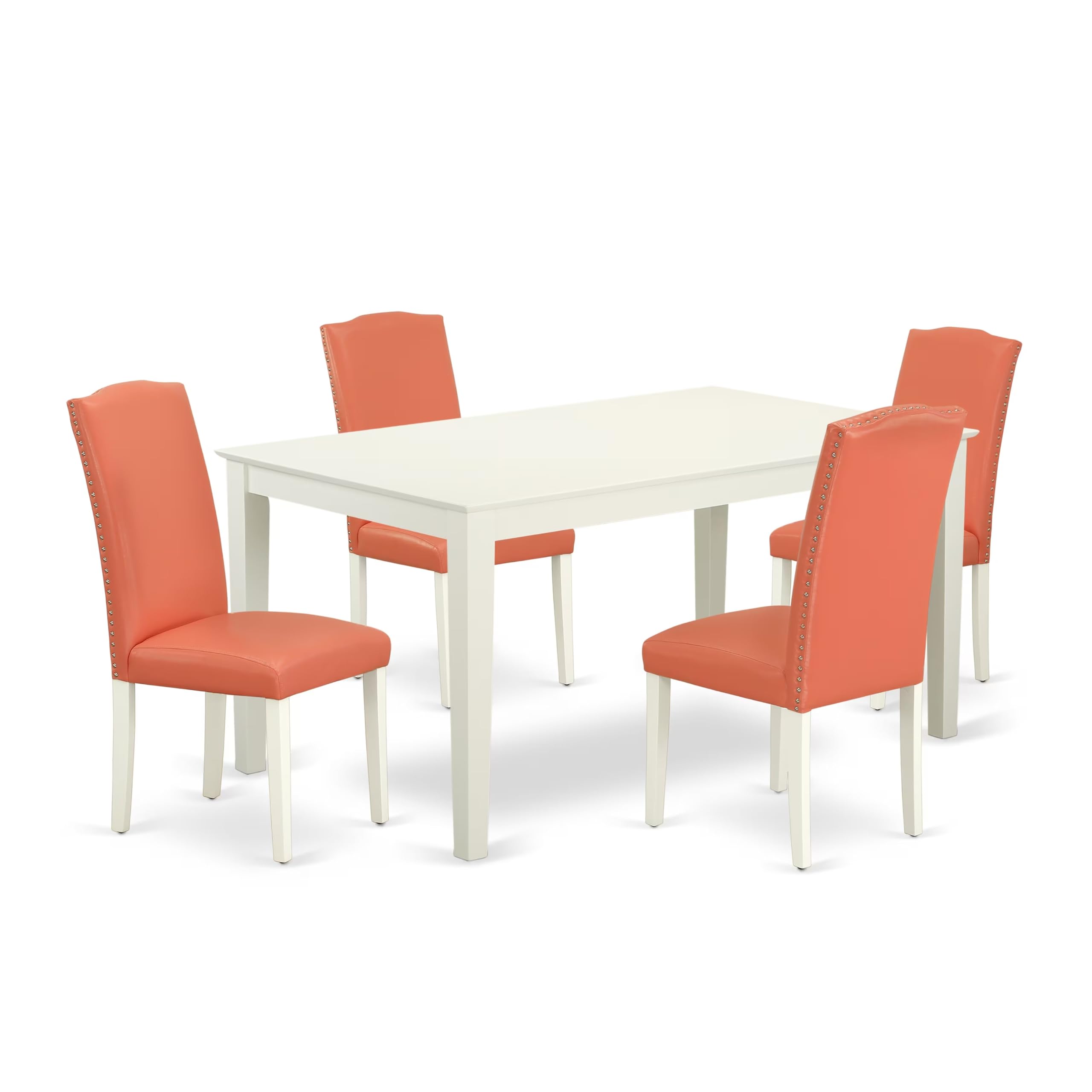 East West Furniture Caen5-Lwh-78 5 Piece Modern Dining Table Set Includes A Rectangle Wooden Table And 4 Pink Flamingo Faux Leather Upholstered Chairs, 36X60 Inch, Linen White