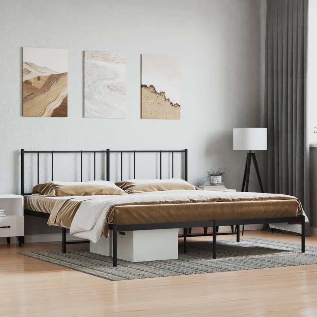 vidaXL Robust Metal Bed Frame, Powder-Coated Steel Construction, Black, 76"x79.9" Size, with Metal Slats & Centre Legs, Under Bed Storage, Headboard Included