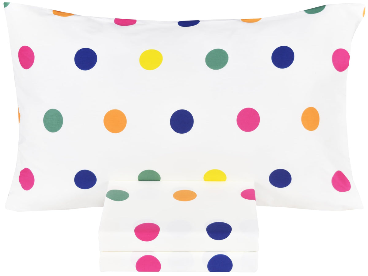 Scientific Sleep Rainbow Dot Colorful 100% Cotton 3 Pcs Twin Bed Sheet Set Kids Toddler Teen, Flat Sheet & Fitted Sheet & Pillow