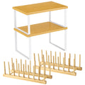 Roriori 4 PCS Cabinet Organizer Shelf and Dish Drying Plate Rack, Stackable Counter Shelf, Wooden Plate Drying Rack, Kitchen Org