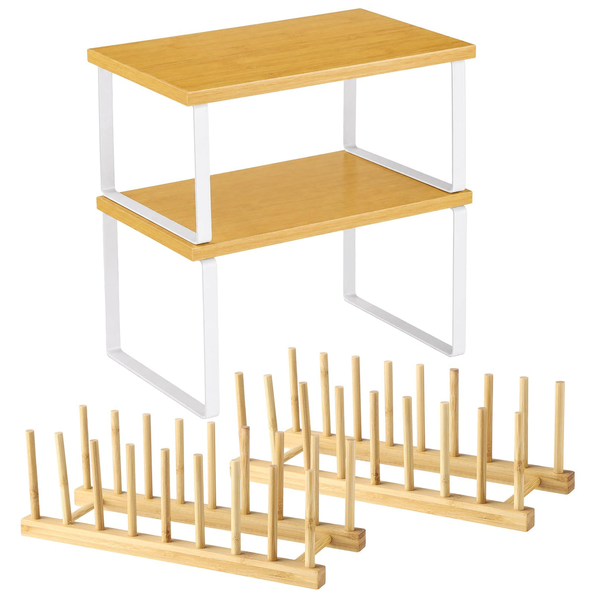 Roriori 4 PCS Cabinet Organizer Shelf and Dish Drying Plate Rack, Stackable Counter Shelf, Wooden Plate Drying Rack, Kitchen Org