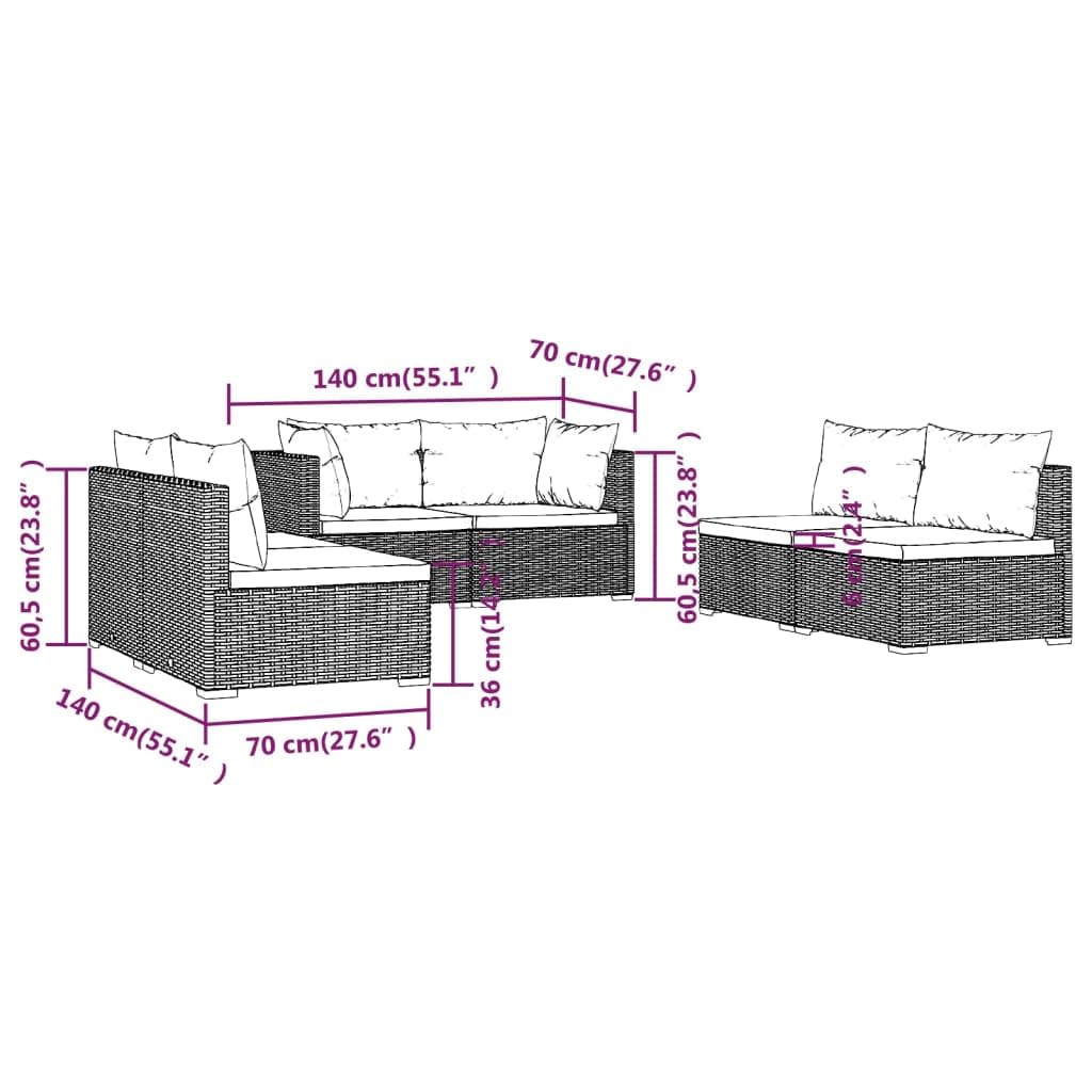 vidaXL Patio Lounge Set (6 Piece) - Made of Poly Rattan in Black, Cushions Included - Modular Design, Sturdy Steel Frame, Water-Resistant