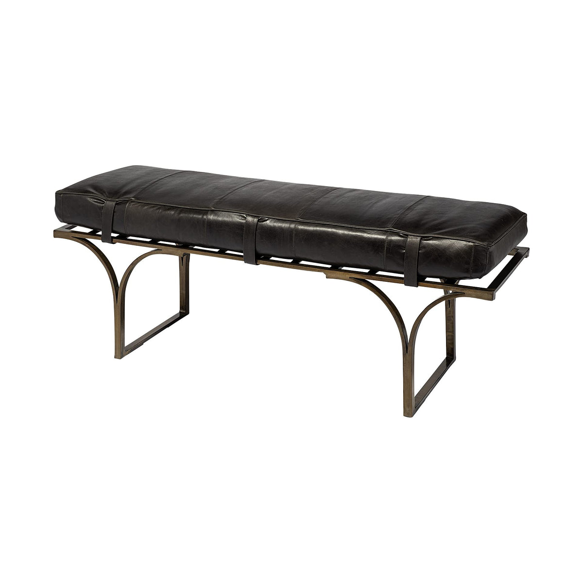 HomeRoots Antique Brass Rectangular Metal/Antiqued-Gold Black Genuine Leather Seat Accent Bench