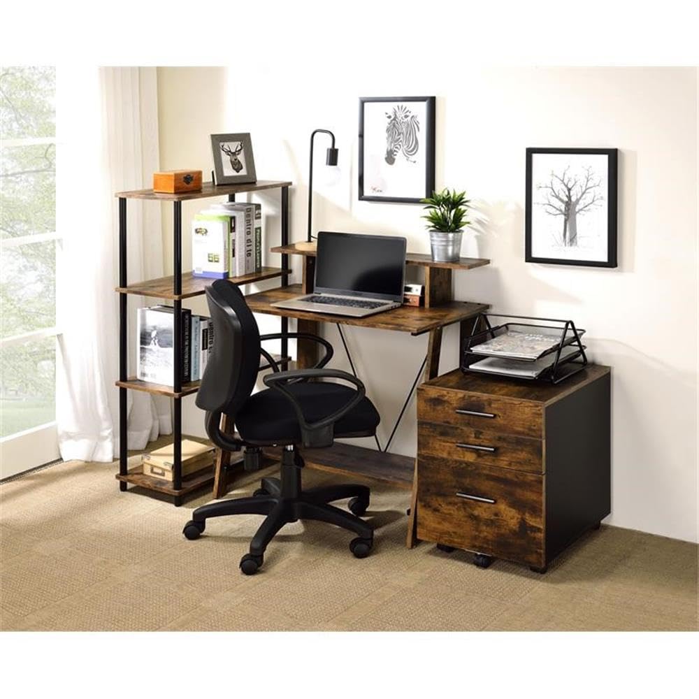 Acme Nypho Wooden Writing Desk with 2 Shelves in Weathered Oak and Black