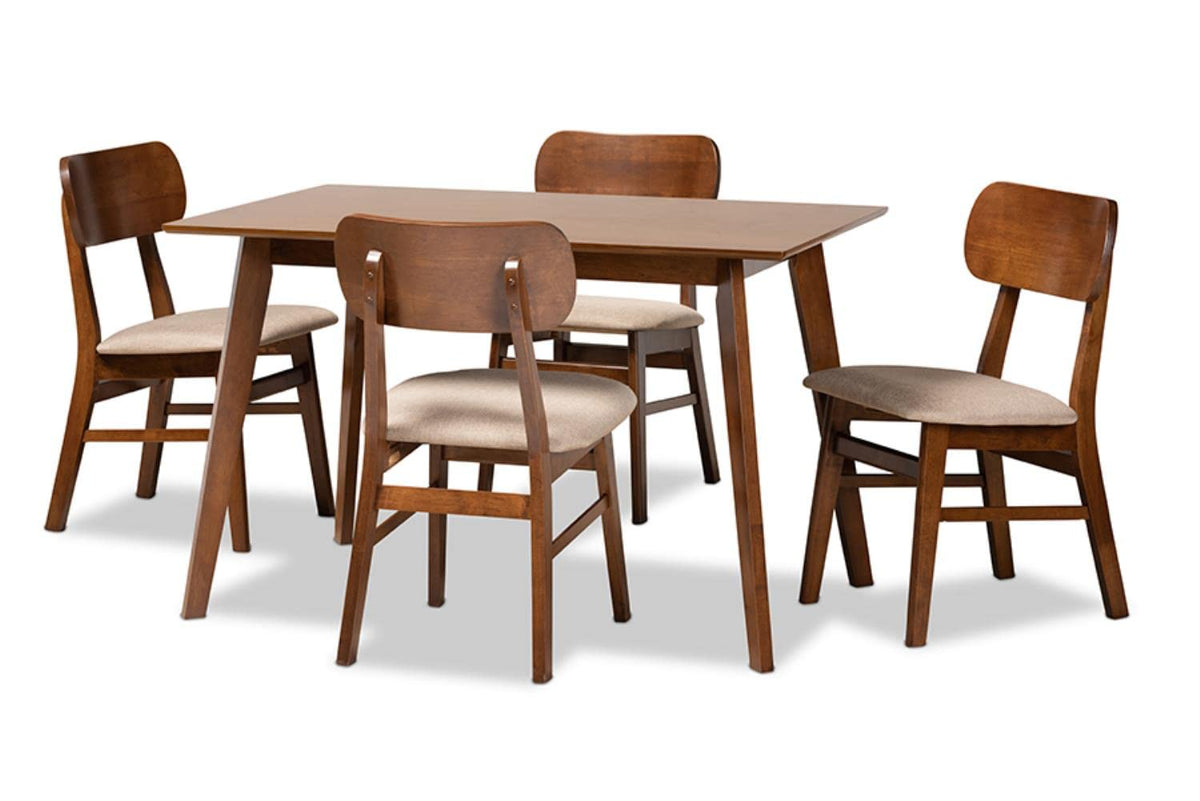 Baxton Studio Euclid Mid-Century Modern Sand Fabric Upholstered and Walnut Brown Finished Wood 5-Piece Dining Set