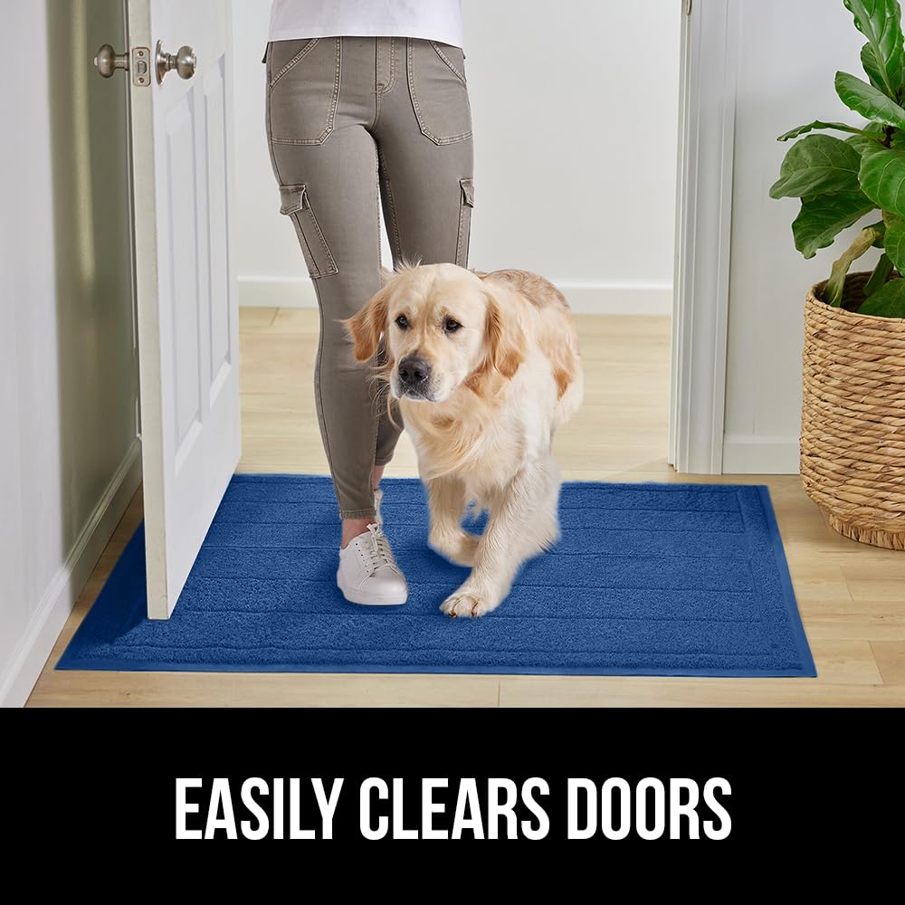 Gorilla Grip Dirt Grabber Mesh Door Mat, Low-Profile, Stain And Fade Resistant Heavy Duty Quick Dry Striped Doormat, Mats For Indoor Outdoor Entry, Shoe Scraper, Garage Entrance Mat, 35X23, Blue