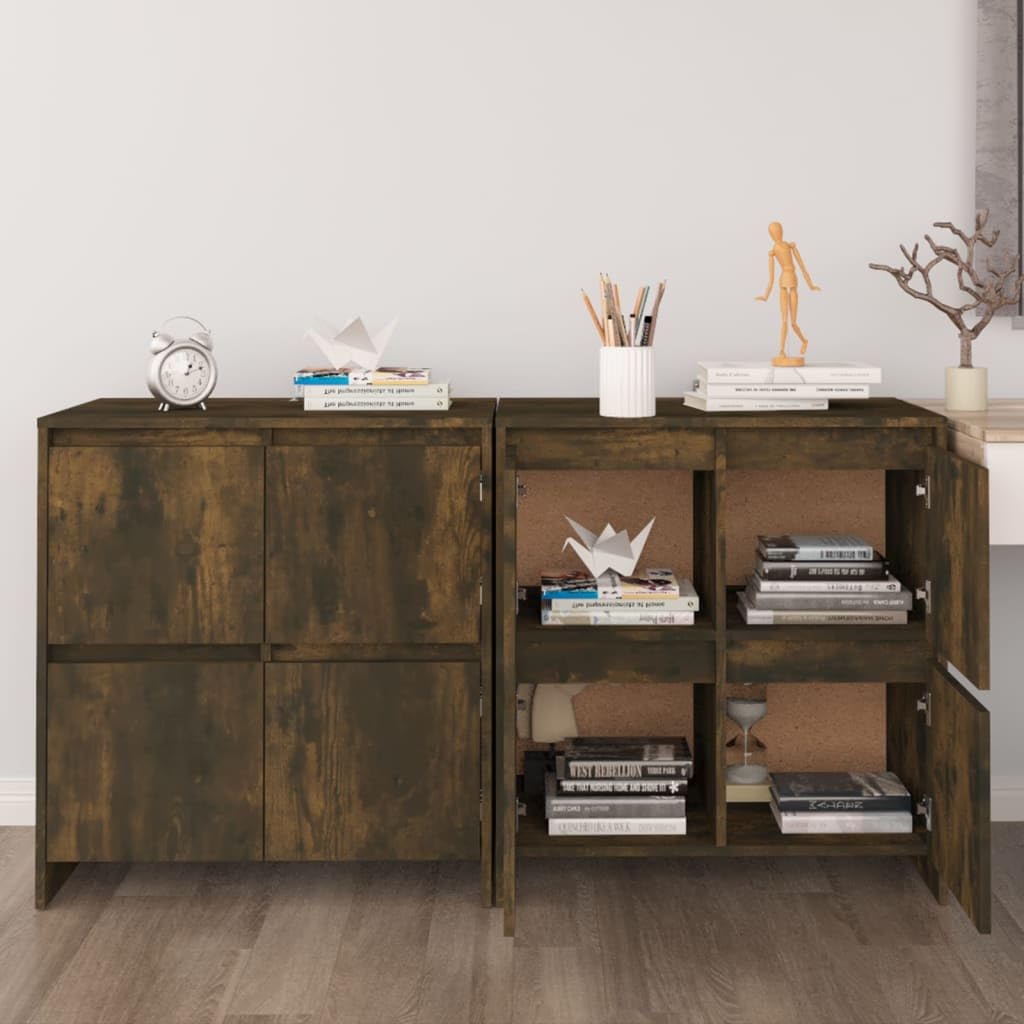 vidaXL Engineered Wood Sideboards Smoked Oak, Minimalist Design, 27.6&quot;x16.1&quot;x29.5&quot;, Set of 2 with 4 Doors and Spacious Storage