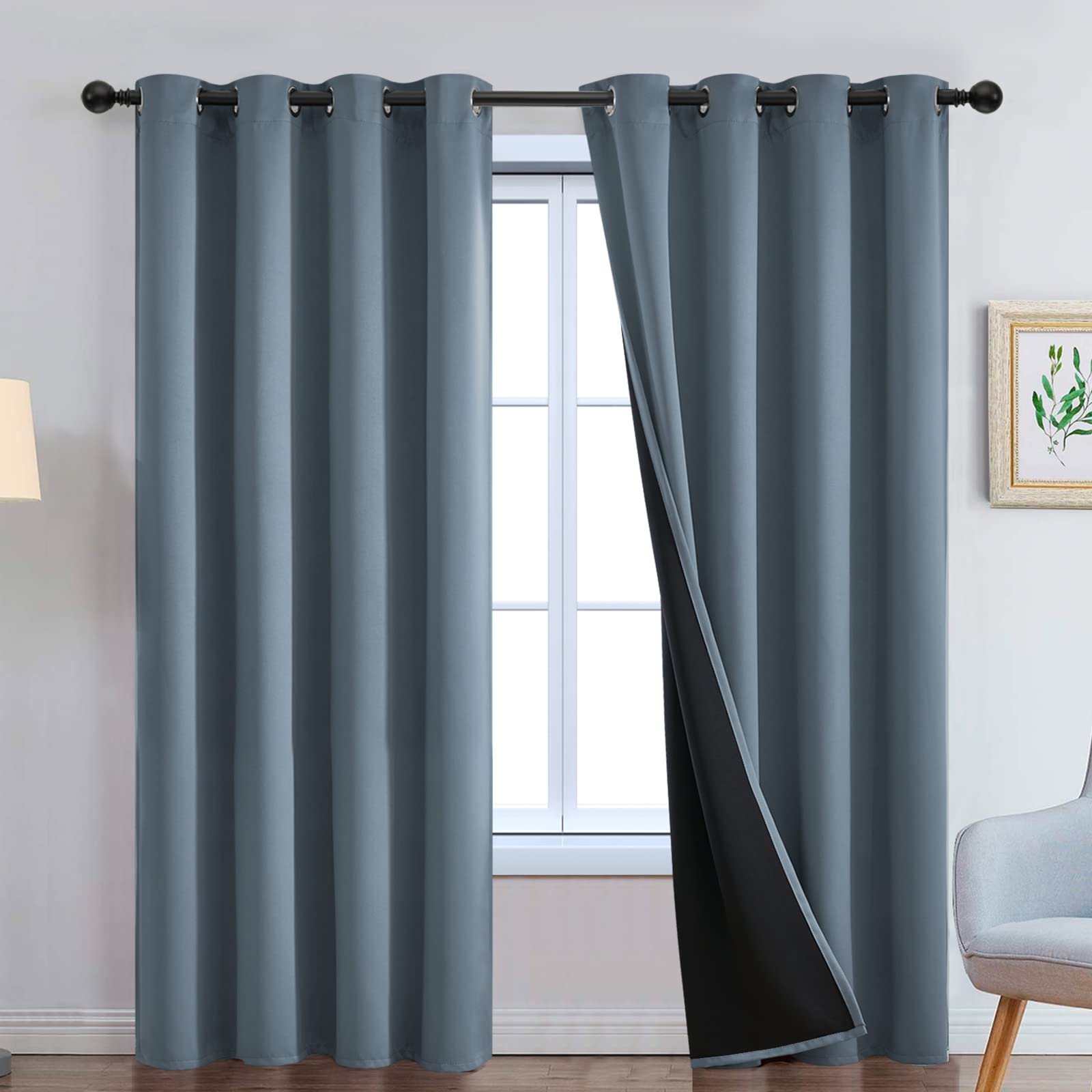 Yakamok 100% Blackout Lined Panels, Thermal Insulated Blackout Curtains For Bedroom, Heat Blocking Drapes For Living Room(52Wx84