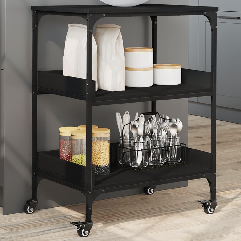 vidaXL Black Kitchen Trolley - 23.6&quot;x16.1&quot;x31.7&quot; Engineered Wood Organizer with Wheels and Brakes for Storage and Mobility