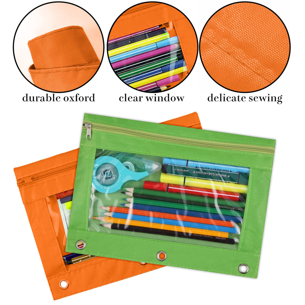 Wodison 3-Ring Pen Pencil Pouch With Clear Window Stationery Bag Binder Case Classroom Organizers Orange
