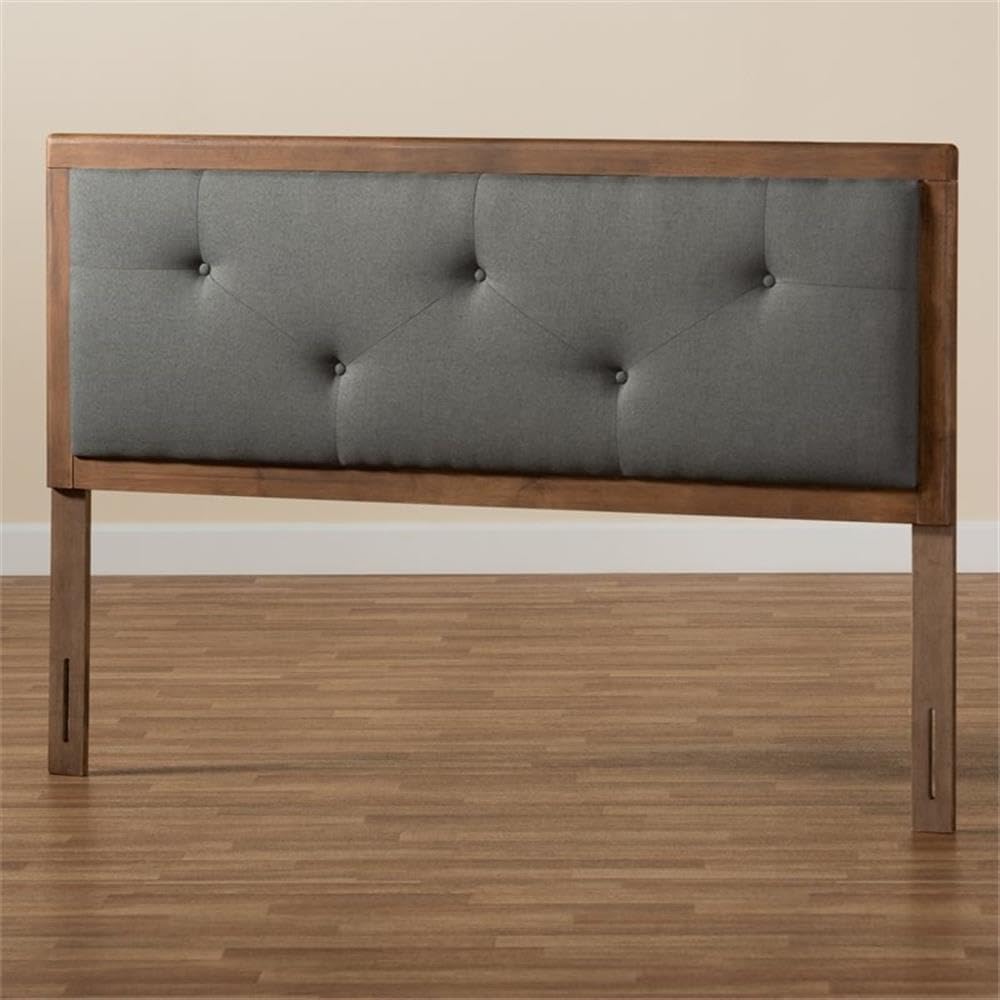 Baxton Studio Abner Modern and Contemporary Transitional Dark Grey Fabric Upholstered and Walnut Brown Finished Wood Queen Size Headboard
