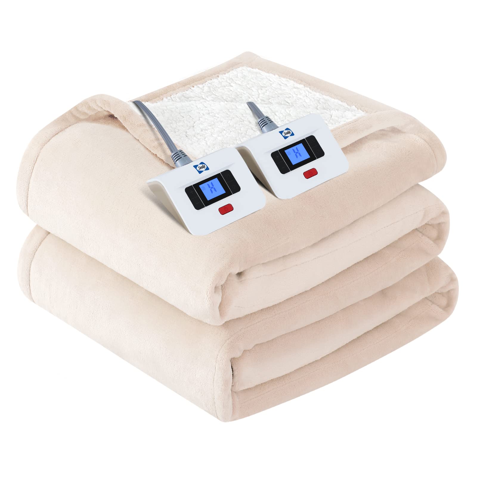 Sealy Electric Blanket King Size, Flannel & Sherpa Heated Blanket With 10 Heating Levels & 1-12 Hours Auto Shut Off, Fast Heatin