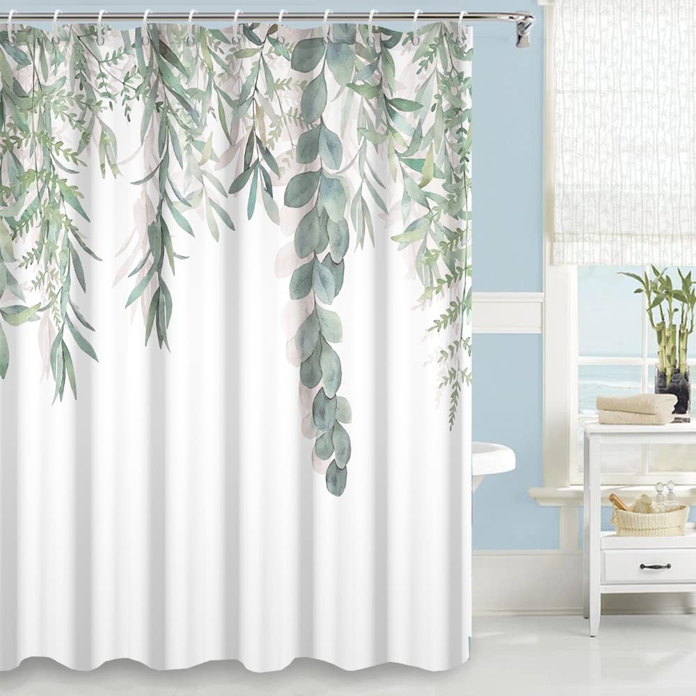 Ruelvth Spring Shower Curtain, Green Eucalyptus Leaves Shower Curtain Waterproof Fabric Shower Curtain Set With Hooks Watercolor