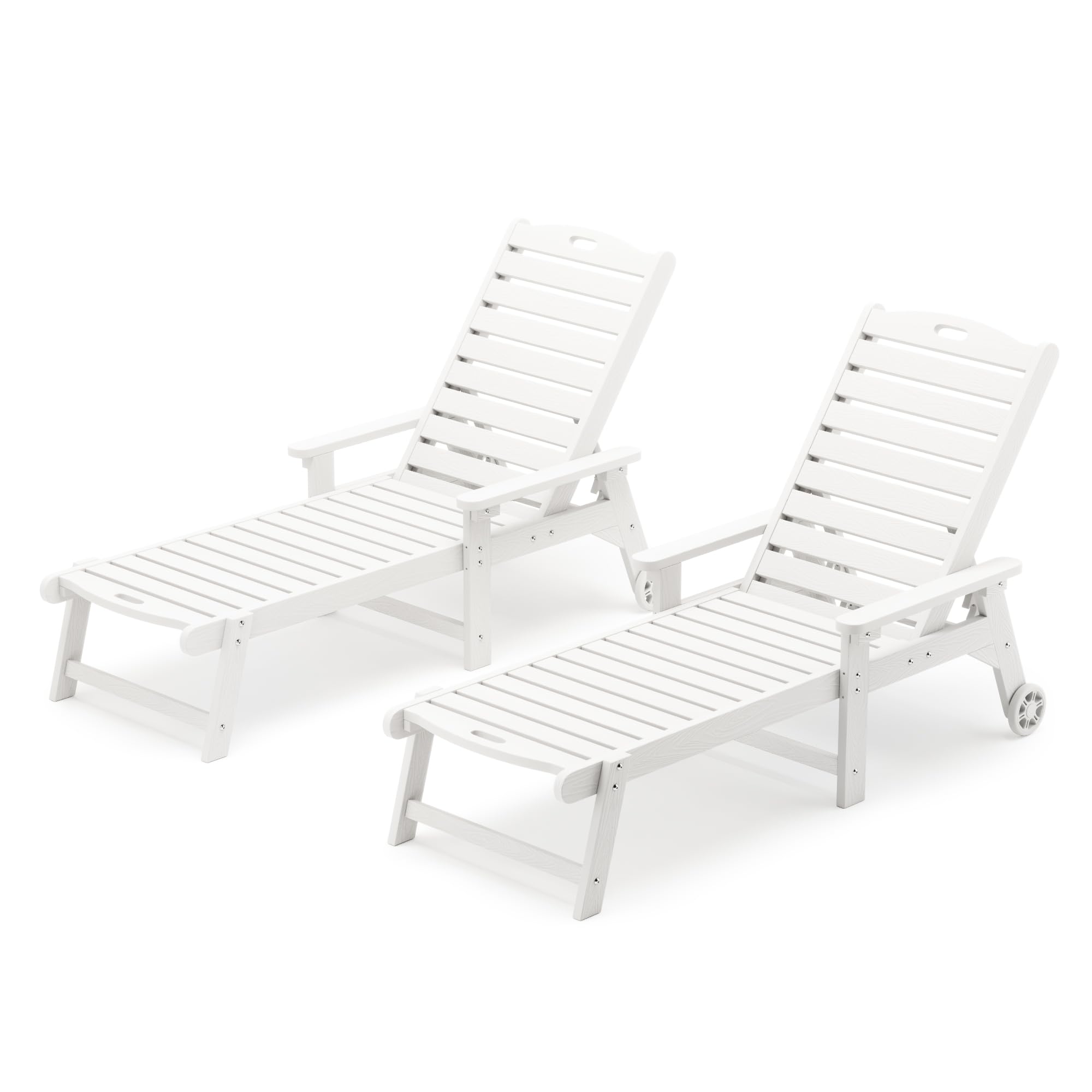 Lue Bona Outdoor Chaise Lounge Chairs Set Of 2, Hdps Material, 3-Year Warranty, Patio Lounge Chair With Adjustable Backrest, Resin Pool Lounge Chairs With Wheels For Outside, Poolside, Beach, White