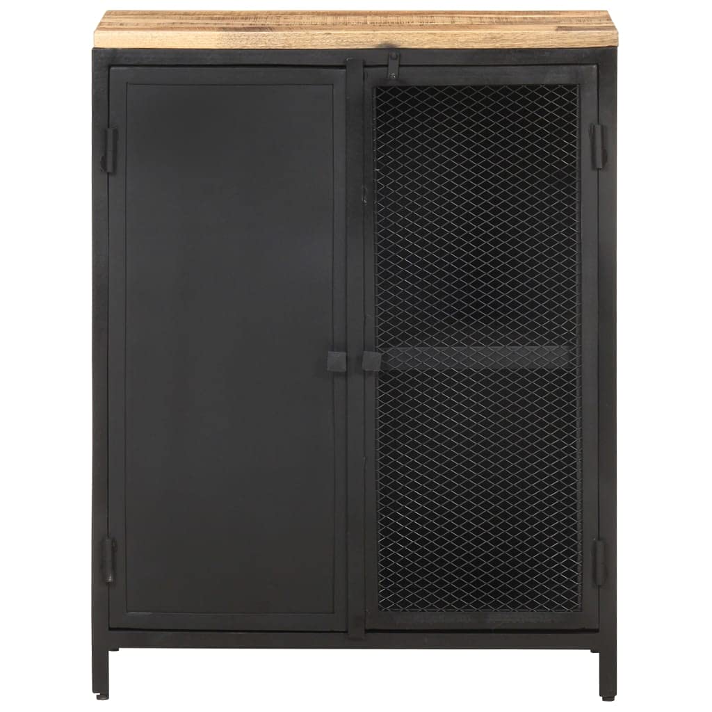 vidaXL Solid Rough Mango Wood Sideboard with Natural Finish & Iron Legs, Black | Handy 2 Compartments for Storage | Artistic Hand Mesh Patterns