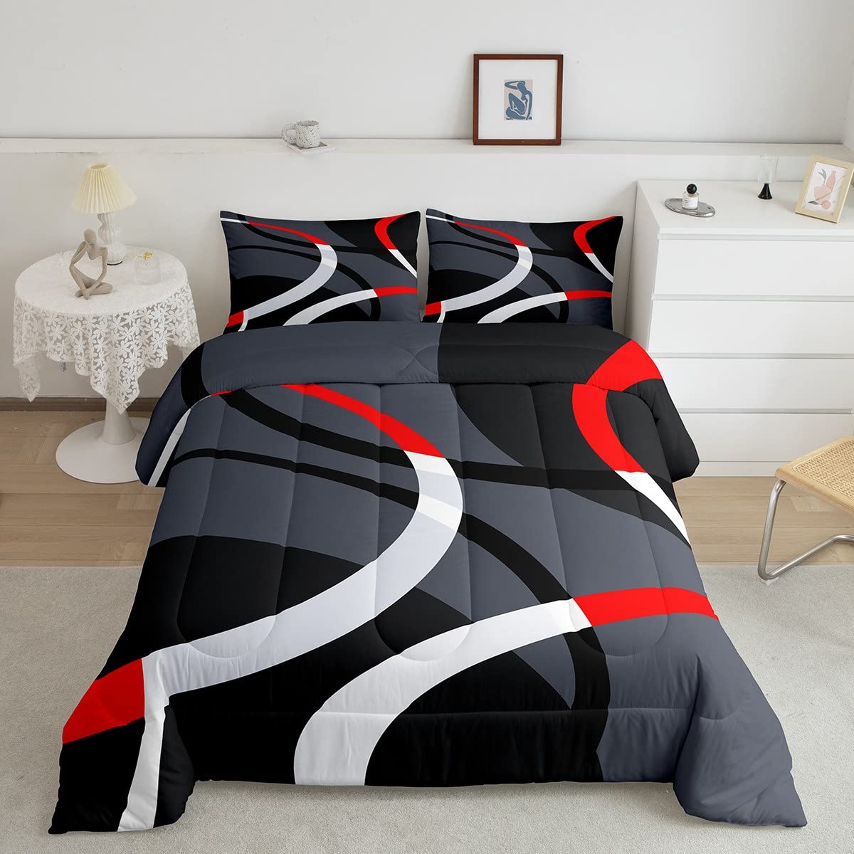 Geometric Circle Comforter Set Red Grey And Black Comforter For Kids Boys Girls Teens Geometry Bedding Set Breathable Abstract A
