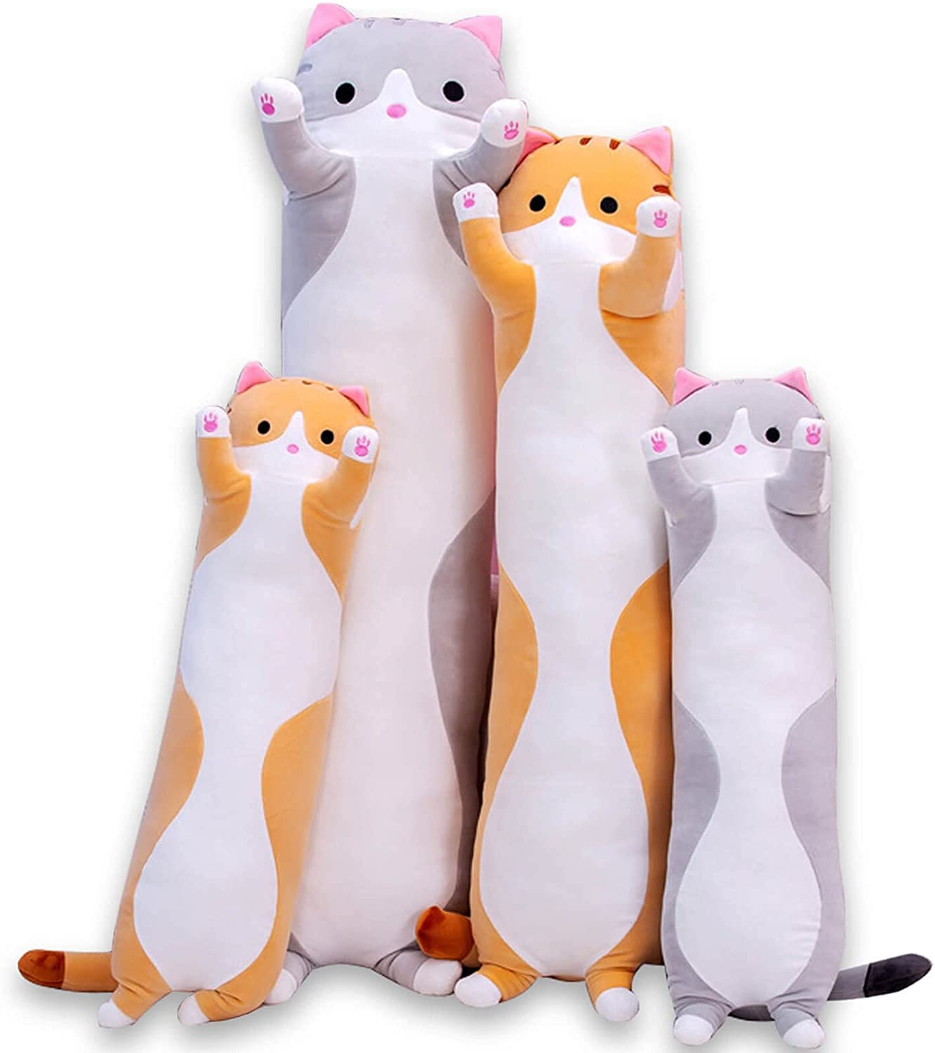 Cute Cat Plush Long Body Pillow Cuddle Cartoon Stuffed Animals Cat Plushie Soft Doll Pillows Gifts For Kids Girls (Gray, 19 Inch